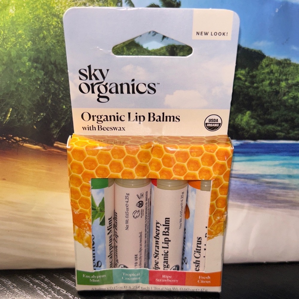 Sky Organics Organic Lip Balm 4 Pack Eucalyptus Coconut Strawberry Citrus New
